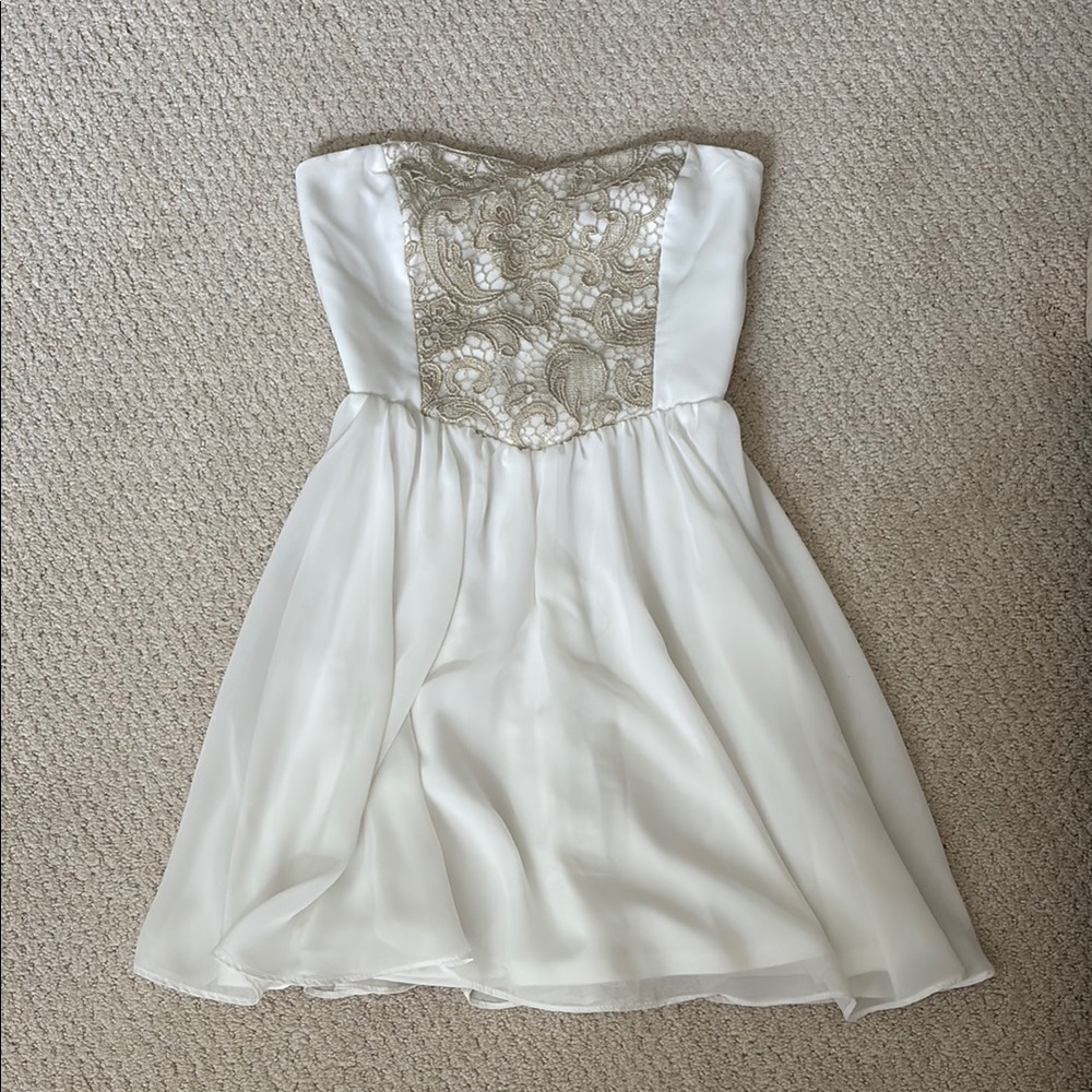 White and Gold Juniors Strapless Mini Dress